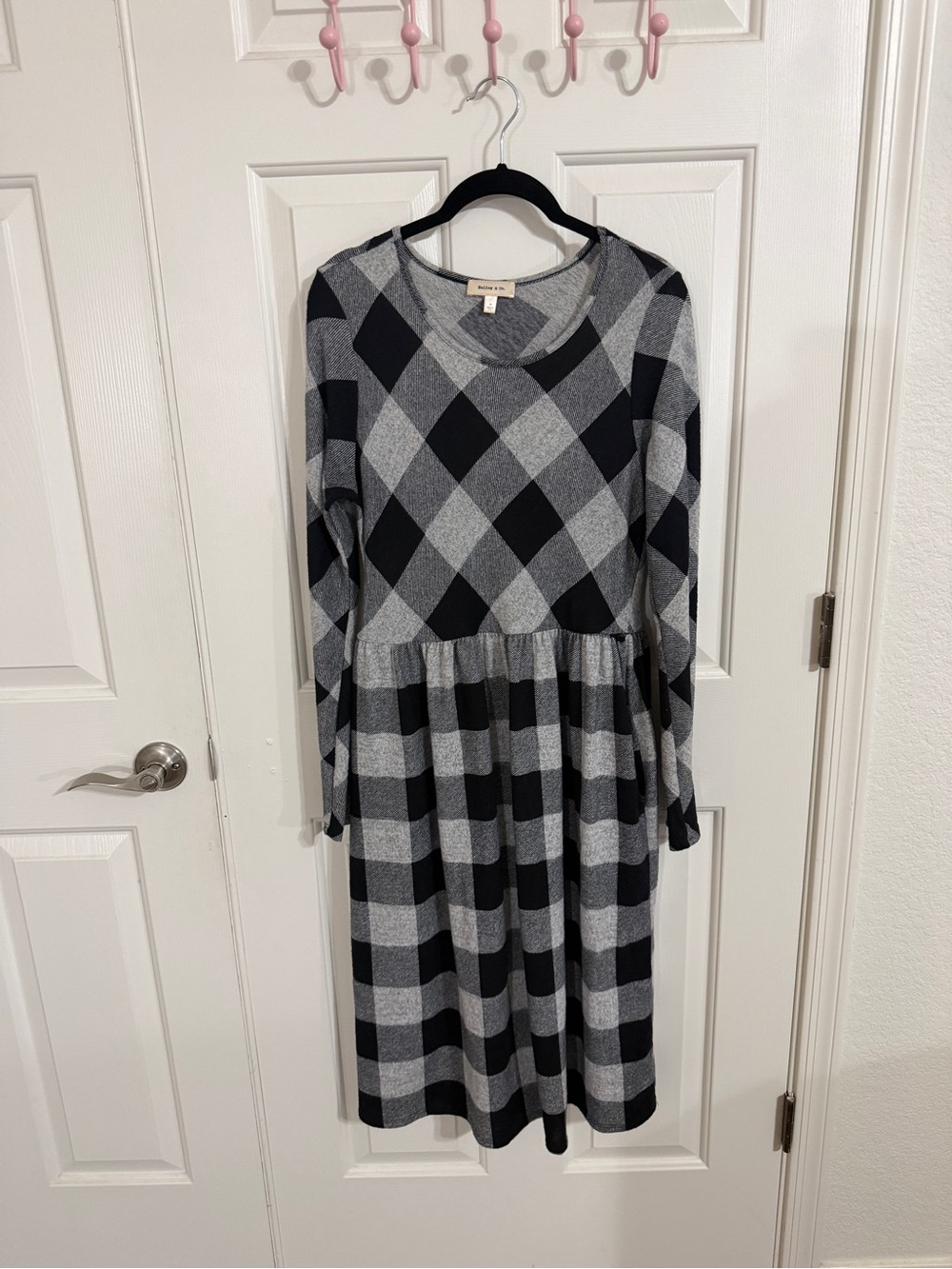 Hailey & Co Black Gray Plaid Babydoll Midi Dress Cottagecore Medium